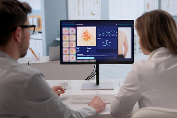 Clinician reviewing digital skin imaging during a skin cancer check
